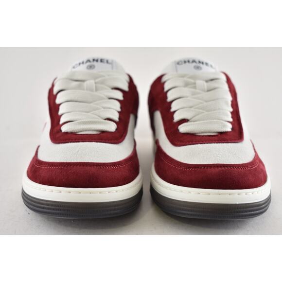 Chanel 23P Burgundy Suede White CC Logo Flat Lace Up Runner Trainer Sneaker 37 - Picture 9 of 15